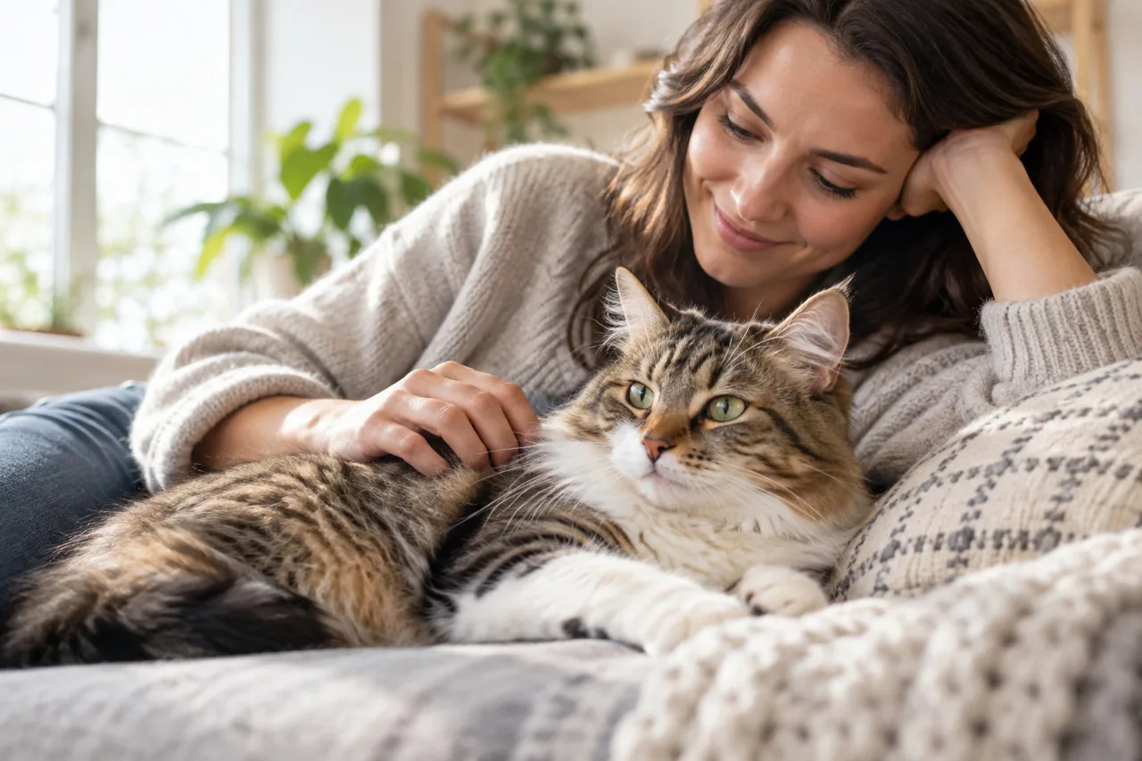 Owner resting beside a tabby cat