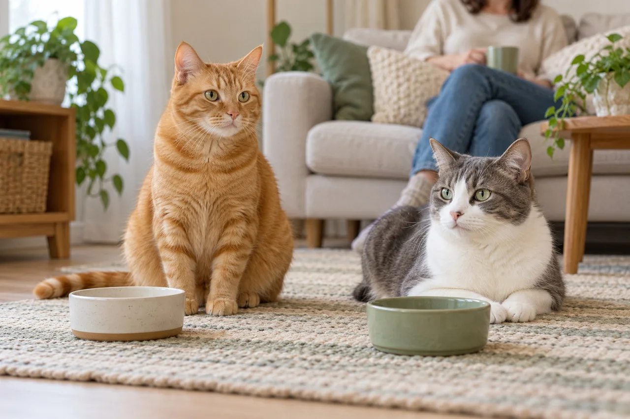 Two cats resting near separate food bowls at home